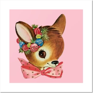 Cute Vintage Reindeer Head with Bow Posters and Art